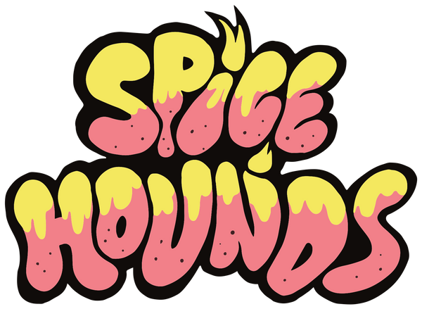 Spice Hounds logo with pink and yellow text on a white background